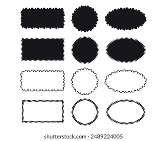 Set of black rectangular, round and oval text or photo frames. Silhouette and linear boundaries. Labels, tags, patches, text box, banner, sticker. Vector illustration on white background