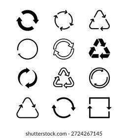 Conjunto de símbolos negros de reciclaje, actualización y flecha circular. Iconos respetuosos del medio ambiente y de la rotación para el diseño del Web y de la impresión