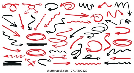 Set of black and red arrows. Hand-drawn arrows designed for presentations and workflow. Arrows and elements on chart and illustration for biznes and education.