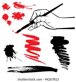 set of black and red blots and hand with brush on the white background