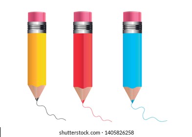Set of black, red and blue pencils - vector pencil with eraser rubber. Illustration icons