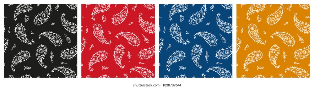 Set of Black, Red, Blue, Yellow Paisley Bandana Ornament Prints. Vintage Oriental Paisley Seamless Pattern with Poppy Flowers. Boho Style Vector Floral Background. Great for Silk Neck Scarf, Headscarf svg