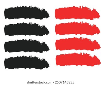 Satz schwarzer und roter Pinselstriche. Handgezeichnete Tintenflecken einzeln auf weißem Hintergrund. Vektorgrafik