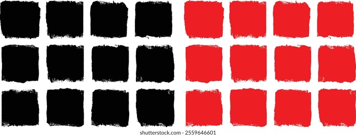 Set of black and red bundle of different ink brush strokes. Rectangle, Square and round freehand drawings.Ink splatters, Grungy painted lines. Artistic design elements. Vector paintbrush set.