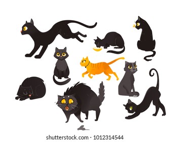 Set of black and red cats eating, sitting, sleeping, playing and mouse-hunting, flat cartoon vector illustration isolated on white background. Cat characters playing, sitting, sleeping and hunting