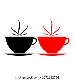 A set of black and red coffee cups with smoke on a white background.