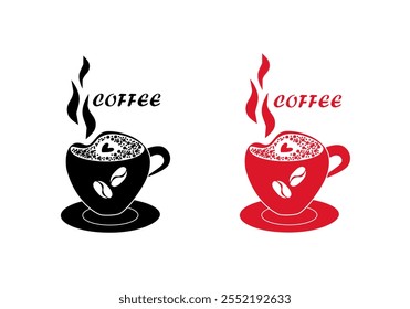 Set of black and red cups with hot coffee with foam - vector illustration for logo, cafe menu, Valentine's Day holiday cards