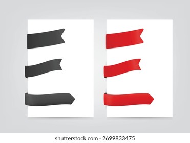 Legen Sie ein leeres Etikettenbanner mit schwarzen und roten Kanten fest. leeres gefaltetes Leseband-Lesezeichen für Promotion-Titel, Verkauf oder Discount-Design-Dekoration