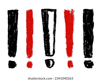 Set of black and red exclamation mark isolated on white background. Precautions symbol. Ink brush strokes.  Watercolor icon design. Vector illustration, eps 10.