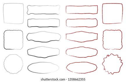 Set of black and red fountain pen hand drawn elements for selecting text. Oval, round, rectangular and square frames and labels isolated on white background. Vector illustration