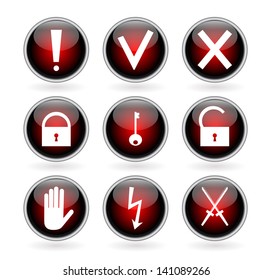 Set of black and red glossy buttons with security, hazard and warning signs. Vector illustration.