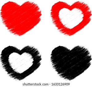 Set of black and red heart brush style. Drawing heart, illustration on white background.