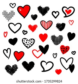 Set of black and red hearts elements. Love collection illustration. Hand drawn painting. Valentine's day romantic style.