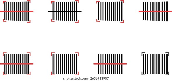 Set of black and red icons indicating barcode reading. Minimal flat design without background. Ideal for retail, inventory, and scanning applications.