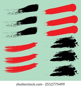 Set of Black and red ink vector brush strokes. Thin dirty distress texture banners.