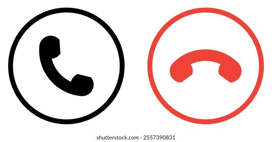 Set of black and red phone call icon button. Accept and decline, answering and rejecting phone call icon button. Mobile phone incoming call icon outline style. Vector illustration.