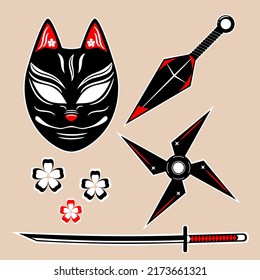 Coloca la línea negra roja samurai ronin ninja armas pegatina estilo japonés en fondo marrón diseño de icono vector plano.