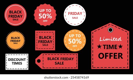 a set of black and red signs with text black Friday sale offer icons