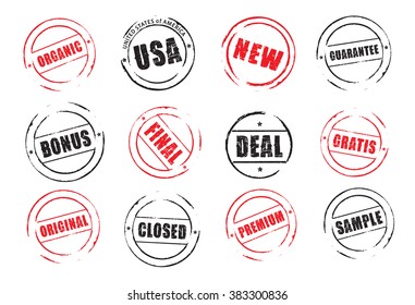 Set black and red vector grunge stamps BONUS, GRATIS, NEW, DEAL, Icon and outline illustration.