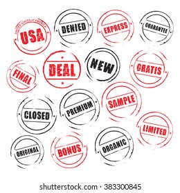 Set black and red vector grunge stamps CLOSED, GRATIS, NEW, DEAL, FINAL