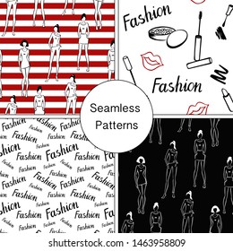 Set of Black, red and white hand-drawn seamless patterns. Fashion vector illustration