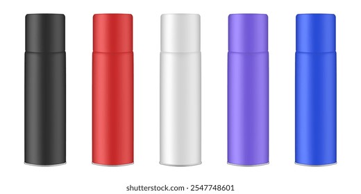 Conjunto de botellas de spray cosmético negro, rojo, blanco, púrpura y azul. Embalaje coreano. Niebla, spray para el cabello, ambientador de aire. Maqueta de aerosol