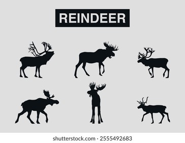 A set of black reindeer silhouettes. Vector on gray background