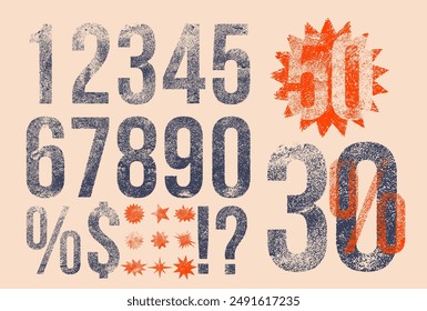 Set of black retro numerals with letterpress effect. Numbers calligraphy style. Geometric dots textures, stylish simple shaped numerals for design. Design template elements. Vector illustration.