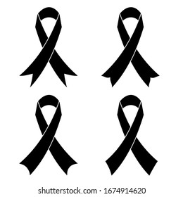 A Set Of Black Ribbon Bow For Funeral Decorating. Concept Of Life, Pass A Way, Death, Memorial And Funeral.