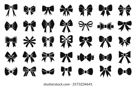 Set of black ribbon bow silhouettes in various styles. Perfect for design projects, decorations, gift wrapping, and graphic illustrations.