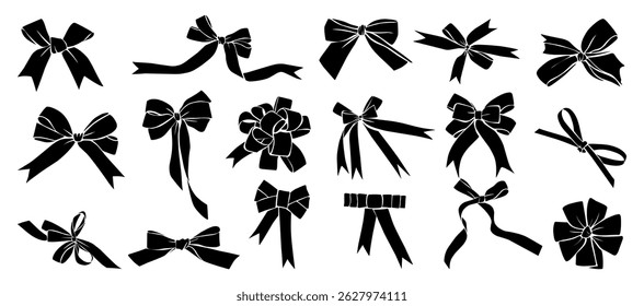 Set of black ribbon bow silhouettes. Decorative bow collection in various styles. Vector illustration of gift wrap elements isolated on white background for design and crafting projects