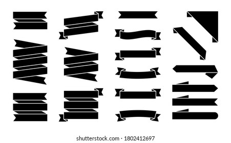 Set of black ribbons banners isolated on white background. Illustration set of black tape. Collection flags, decorative elements, labels and streamers.