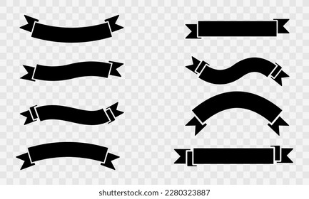 Set of black ribbons on transparent background. Blank decoration element. Vector banner. Promotion tag.