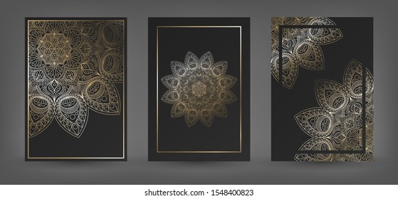 Conjunto de fondo rico negro con un patrón redondo de oro, mandalas brillantes, fondo oriental