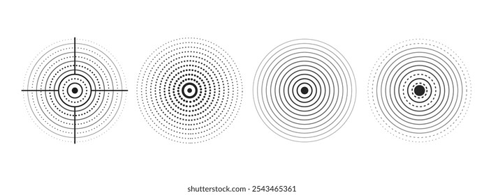 Satz schwarzer Ringe mit Schallwellen, unterbrochenen Linien und Punkten. Sonarringe mit radialen Linien. Radarsymbol, Ziel, Epizentrum. Impulssignal. Vektorkonzentrische Wirbelkreise.