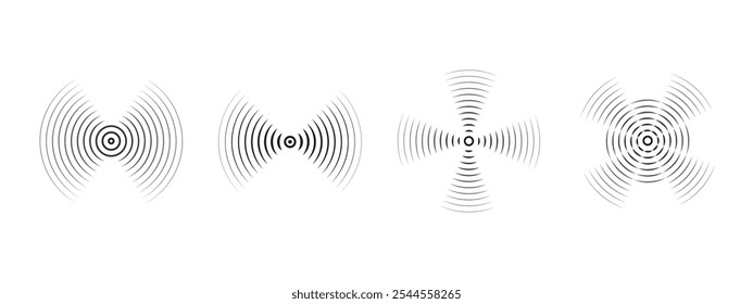 Set of black rings with sound waves, interrupted lines and dots. Sonar rings with radial lines. Radar icon, target, epicenter. Vector concentric vortex circles.