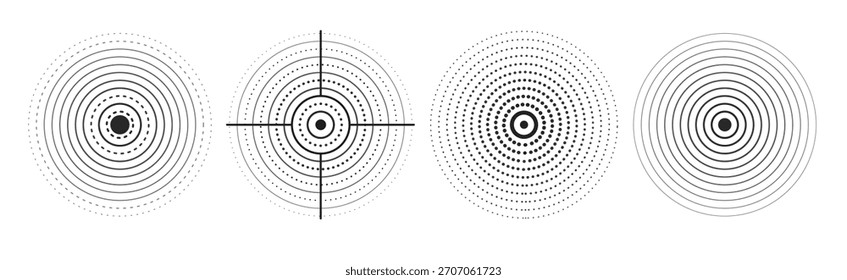  Set of black rings with sound waves, interrupted lines and dots. Sonar rings with radial lines. Radar icon, target, epicenter.  Pulsating signal. Vector concentric vortex circles.