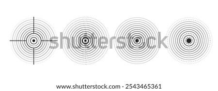Set of black rings with sound waves, interrupted lines and dots. Sonar rings with radial lines. Radar icon, target, epicenter. Pulsating signal. Vector concentric vortex circles.