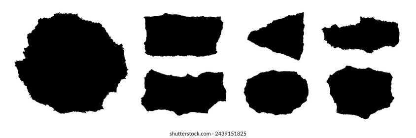 Set of black ripped paper stripes. Realistic papers scrap with torn edges. Notepad torn papers for message note, page or banner.  Vector collection.