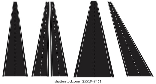 Conjunto de estrada preta, faixa, coleção de ícones da estrada isolados no fundo branco. Símbolo de estrada com fundo branco. Ilustração do vetor EPS