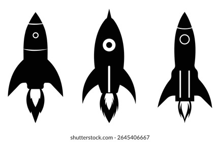 Set of black rocket icons in silhouette