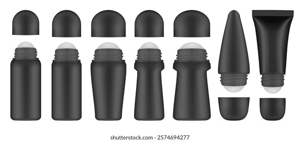 Set of black roller ball bottles. Body antiperspirant deodorant roll-on, open blank bottles with screw cap. Realistic vector mockup. Roller Applicator	