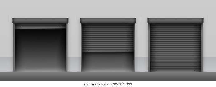 Set of black roller shutter gates on light grey wall of building. Open and closed roller shutter doors. Metal industrial shutter doors.