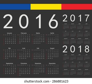 Set of black Romanian 2016, 2017, 2018 year vector calendars. Week starts from Sunday.