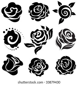 Set of black rose flower design elements