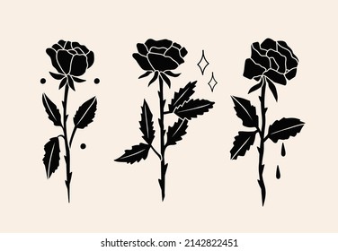 Set of black Roses. Blossoming rose silhouettes. Abstract modern elegant floral drawing. Hand drawn trendy Vector illustration. All elements are isolated. Perfect For your own decoration or design