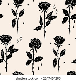 Conjunto de rosas negras. Silhouettes de rosa florecientes. Resumen del elegante y moderno dibujo floral. Dibujo a mano a la moda ilustración Vector. Patrón cuadrado sin costuras. Fondo de escritorio