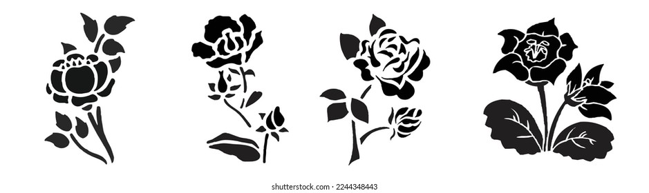 Set of black Roses. Blossoming rose silhouettes. Abstract modern elegant floral drawing. Hand drawn trendy Vector illustration. All elements are isolated. Perfect For your own decoration or design