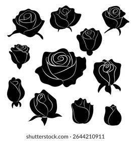 Set of black roses isolated flat vector spring summer flowers blooming stylized bloom 