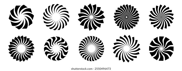 Set of black rotating beams and rays in circles. Radial sunburst elements pack. Round spinning swirls, stars and twirls pack. Illustration bundle for banner, badge, sticker, poster. Vector